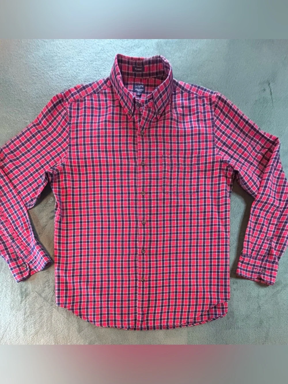 J. Crew Red and Navy Plaid Brushed Twill Button-Down Shirt, Size: L (6531)